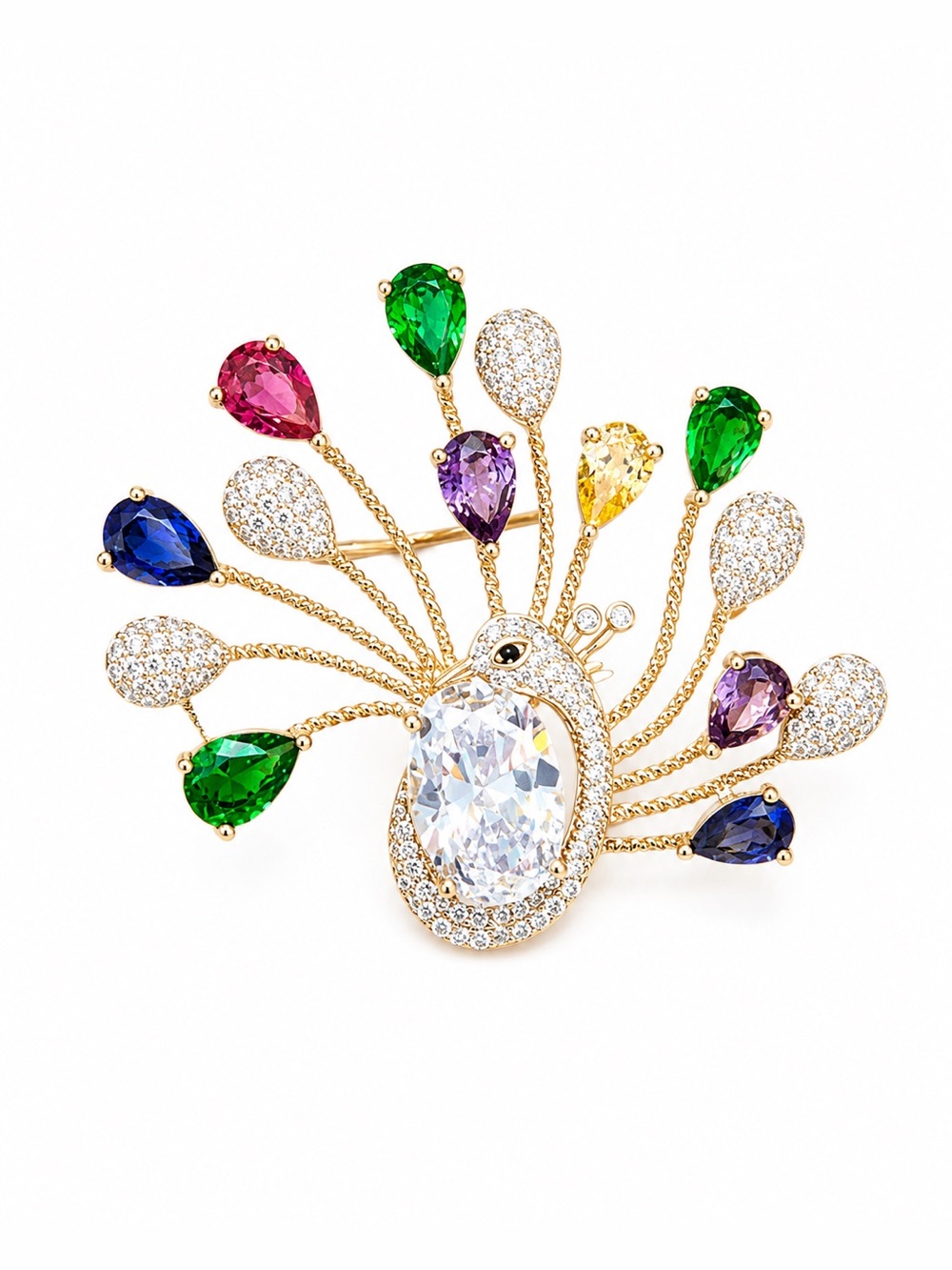 Gold Peacock Brooch With Multicolor Gemstones